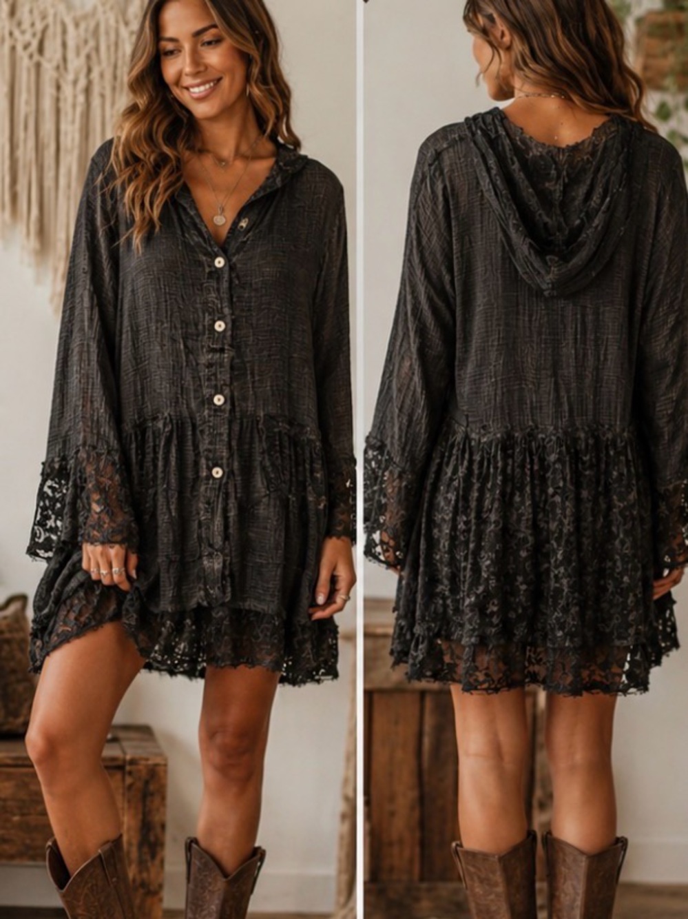 Jaded Gypsy Black Hooded Lace Trim Gauze Dress Kimono Bohemian P2P 23’